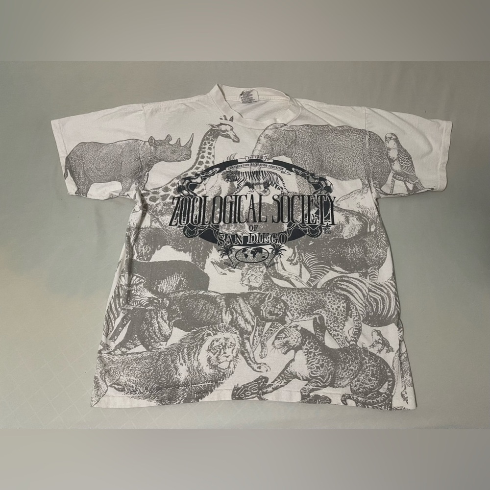 Vintage Zoological-Society San-Diego Art Shirt L-Short All-Over-Print USA Oneita